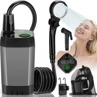 Pompa Doccia Elettrica Portatile con Batteria Integrata 6000mAh, Impermeabile IPX7, Set da Campeggio con 4 Modalità - Grigio