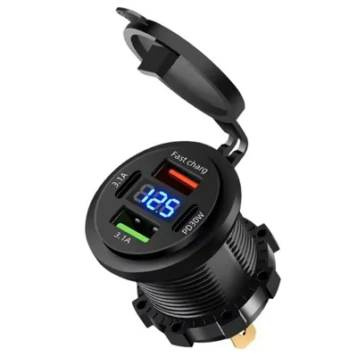 12V / 24V Kfz-Ladesteckdose mit Spannungsanzeige QC3.0 22,5 W USB-A + PD 30 W USB-C 4-Port-Schnellladegerät für Boot, Motorrad, LKW