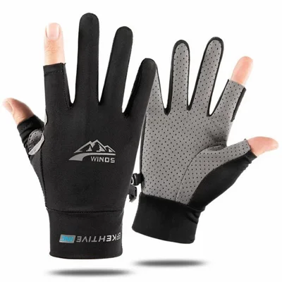 WINDS 1 Pair Two-Finger Exposed Ice Silk Outdoor Gloves Anti-Slip Breathable Gloves for Cycling Fishing Sports - M Size
