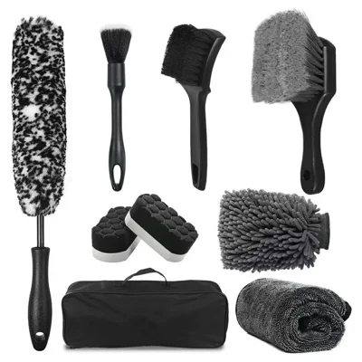 Kit de brosses de detailing auto 9 pièces, brosses douces pour jantes, tampon éponge, set d'outils de lavage de voiture