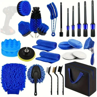 Kit de Limpeza para Carros com 27 Peças, Conjunto de Ferramentas de Detalhamento, Escovas para Furadeira, Panos de Microfibra, Almofadas de Polimento para Lavagem de Automóveis