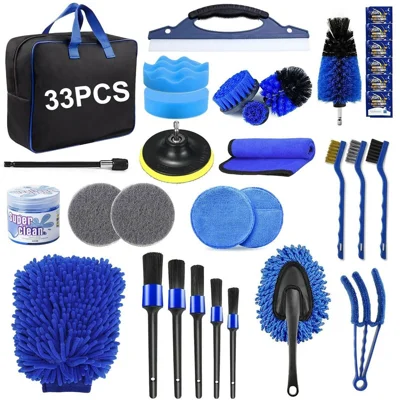 Kit de Nettoyage pour Voiture 33 Pièces, Outils de Détail Automobile, Brosses pour Perceuse, Chiffons en Microfibre, Brosses pour Pneus pour Intérieur Extérieur