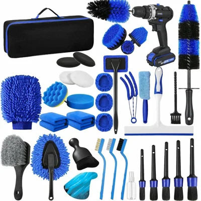 Kit de Nettoyage de Voiture 37 Pièces, Brosse à Perceuse, Accessoires de Déménagement avec Gants de Lavage, Tampons de Polissage, Serviettes pour Auto