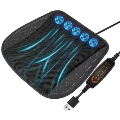 Cojín de Asiento Refrigerante de Verano con 5 Ventiladores, Velocidad Ajustable 3Niveles, Almohada de Malla Transpirable USB para Coche - Negro