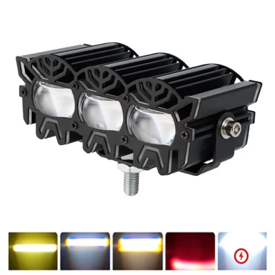 V108 3-LED Car Spotlight 30W 12000LM Yellow White Driving Light with Red Warning Mode for RV Motorcycle ATV - Black