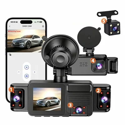 A52 5-Channel 2K WiFi Dash Cam 360 Degree Panoramic Car Driving Recorder - Black