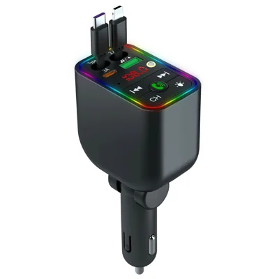 شاحن سيارة T3 بقوة 100 واط مع كابل قابل للسحب، مشغل MP3 بلوتوث، منقّل إشارة FM مع إضاءة نجمية - أسود
