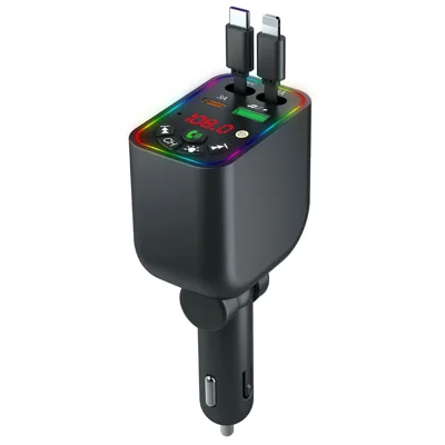 شاحن سيارة T5 بلوتوث 5.3 مشغل MP3 شحن سريع 100 واط بكابلات قابلة للسحب وإضاءة LED بتأثير السماء النجمية - أسود