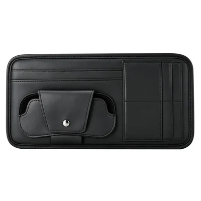 Sun Visor Storage Pouch Nappa Texture Leather + Cardboard 6 Card Slots Glasses Pocket Organizer for Car - Black