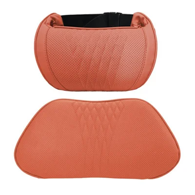 1 Juego de Almohada de Cabezal y Soporte Lumbar en Cuero Texturizado Napa Perforado, Almohada de Asiento para Coche Ergonómica de Espuma con Memoria para Conducción - Naranja
