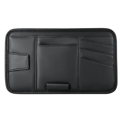 Nappa Texture Leather Sun Visor Storage Pouch 3 Card Slots Glasses Clip with Elastic Straps for Cars - Black