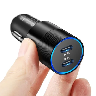 Dual USB-C PD Car Charger, 20W + 20W Output, Aluminum Alloy Adapter, LED Indicator Ring - Black