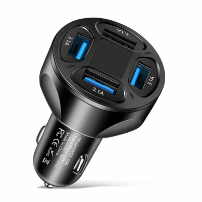 G36 3.1A 4-Port USB Car Charger Adapter, LED Voltage Display, 12-24V Input - Black