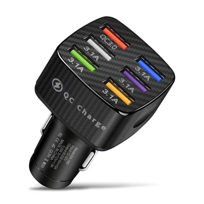 6-Port USB Car Charger, QC3.0 + 5 x 5V / 3.1A USB Ports, for 12V-24V Vehicles - Black