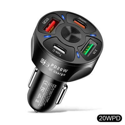 HC358-2PD 4-Port 20W PD + QC3.0 Car Charger, 2 USB + 2 Type-C, 12V-24V Vehicle Input - Black