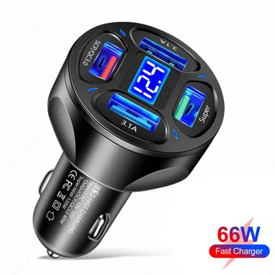 4-Port USB Car Charger with Digital Display, QC 3.0 + 3.1A Fast Charge, for 12V-24V Vehicles - Black