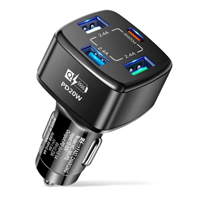20W PD Car Charger, 3 USB Ports + USB-C, 12-32V Input, Overcurrent Protection for Cars and SUVs - Black