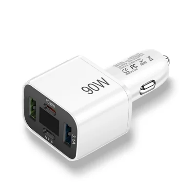 Portable 4-Port Car Charger, LED Voltage Display, QC 4.0  /  PD 3.0, DC 12-30V Input - White