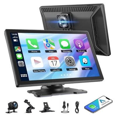 Pantalla portátil W521 de 9 pulgadas 2.5D HD con CarPlay inalámbrico y Android Auto, pantalla táctil con cámaras delantera 4K y trasera 1080P - Negro