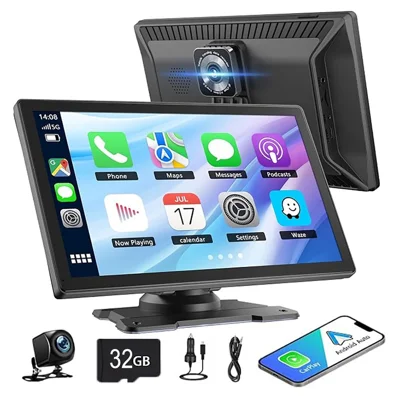 Pantalla W522 de 9 pulgadas 2.5D con CarPlay inalámbrico, Android Auto, cámaras delantera 4K / trasera 1080P, tarjeta TF de 32 GB - Negro