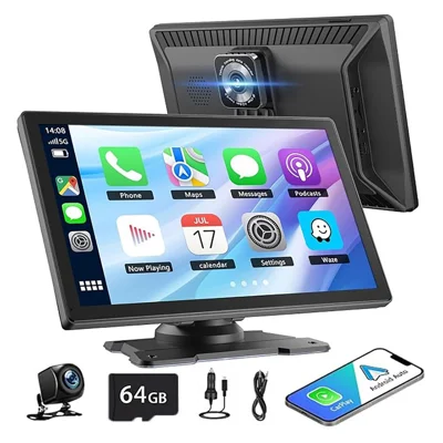 W523 9" 2.5D IPS Pantalla Inalámbrica Portátil para CarPlay y Android Auto, Cámaras Dash Frontal 4K y Trasera 1080P, Tarjeta TF de 64 GB - Negro