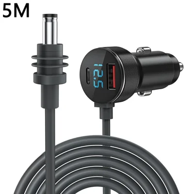 5m USB + Type-C Dual Port Car Charger Cable for Starlink Mini, Digital Voltage Display, QC / PD Charging, for 12V / 24V Vehicles - Black