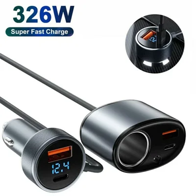 326W Car Charger, 1.5m 100W Cable, 2 USB 18W + 2 USB-C 45W with Cigarette Lighter Socket, 12V / 24V Digital Display for Starlink Mini