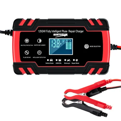 ANHTCZYX ZYX-J30 12V / 24V Chargeur de Batterie Intelligent à 3 Étapes - Voiture et Moto - Rouge / Prise UE