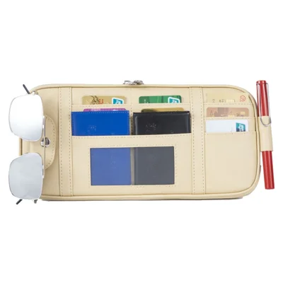 Bolsa de Armazenamento de Viseira Solar para Carro PU Leather Driving License Glasses Cards Holder Zipper Pocket Storage Bag - Bege