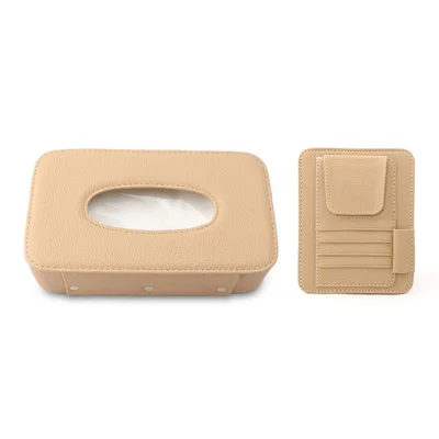 Automotiv-Innenraum-Litschistruktur-PU-Leder-Sonnenblende-Taschentuchbox-Kartenklemme-Set - Beige