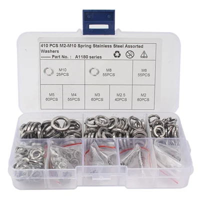 A1180 410Pcs M2-M10 Stainless Steel Assorted Spring Washers with Plastic Box