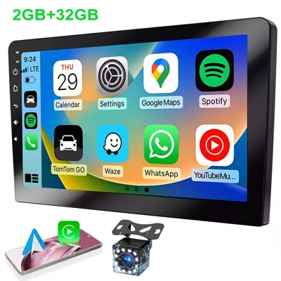 R912C 10.1 Pulgadas Android 15 Estéreo para Coche 2+32GB CarPlay Inalámbrico Android Auto Navegación GPS Cámara de 12 Luces para Vehículos Universales - Negro