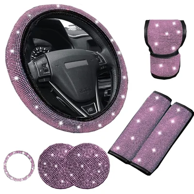 7Pcs / Set Shiny Rhinestones Car Steering Wheel Safety Belt Shifter Cover Cup Mat Start Button Ring Kit - Pink