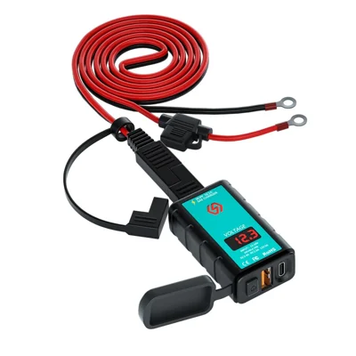 ZH-1422B3 Square Quick Charger USB+Type-C Motorrad-Lenker-Stromadapter für Mobiltelefone mit Voltmeteranzeige und 1,4 m SAE+OT-Anschlusskabel
