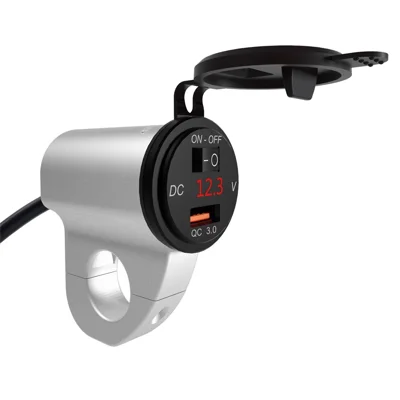 WUPP ZH-975 Motorradlenker 2,4A USB-Handy-Ladegerät Aluminiumlegierung Wasserdicht Spannungsdigitalanzeige QC3.0 Schnellladegerät mit Schalter - Silber