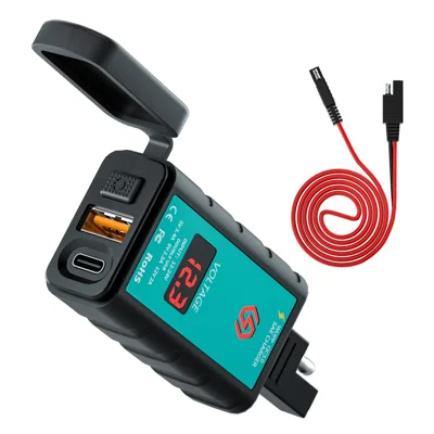 ZH-1422B2 Motorrad-Lenkersladegerät mit USB+Type-C-Port-Adapter, Voltmeter-Anzeige und 1 m SAE-Verlängerungskabel