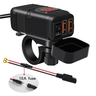 WUPP ZH-854A Motorrad-Lenker Dual USB QC3.0 Handyladegerät Voltmeter Schnellladegerät Adapter mit Schalter - Roter Voltmeter