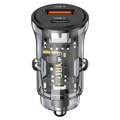 USAMS US-CC164 C32 PD 30W Schnellladegerät Transparent USB-A + Typ-C Mini-Autoladegerät mit blauer Hintergrundbeleuchtung - Schwarz