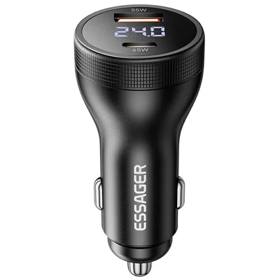 ESSAGER USB A + Type C biluppladdare 100 W snabbladdningsadapter med digital display – Svart