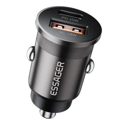ESSAGER ES-CC15 biluppladdare 45 W dubbelport USB-A + Type-C snabbladdning uttag tändare – Grå