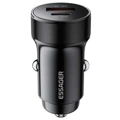 ESSAGER PD 30W Aluminum Alloy Car Charger Dual Port USB-A + Type-C Fast Charging Power Adapter with Smart Chip - Black