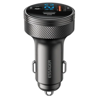 ESSAGER 150W Aluminum Alloy Digital Display Car Charger with DC + USB A + Type-C Port Fast Charging Adapter for Car  - Grey