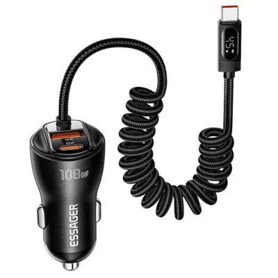 ESSAGER 108W Car Charger Digital Display Spring Cable 2C+A 45W PD Fast Charging Adapter - Black