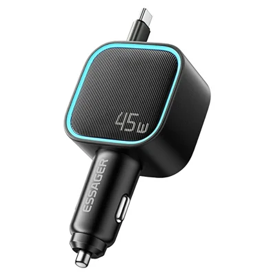 ESSAGER 45W Car Charger 2 Type-C + USB-A Built-in Retractable Cable PD Fast Charging Power Adapter