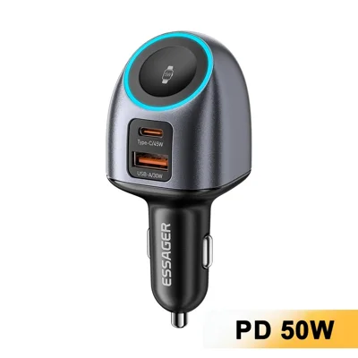 ESSAGER ES-CC31 50 W 2-i-1 biluppladdare med typ C + USB-A-adapter och klockuppladdning – grå