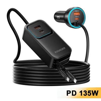 ESSAGER F789 مشحّة سيارة خلفية بقدرة 135 واط مع كابلات قابلة للسحب بطول 70 سم - أسود