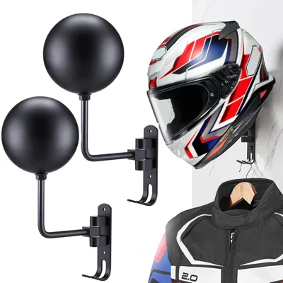 1 Paar Motorrad-Wandmontierter Helmhalter 180-Grad-Drehung E-Bike-Helmhalter mit 2 Haken für Hüte, Kappen, Schlüssel, Taschen - Schwarz