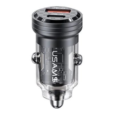 USAMS US-CC175 C35 45W Auto-Ladegerät aus Aluminiumlegierung, transparentes USB-A+USB-C Mini-Auto-Ladegerät mit Licht - Schwarz