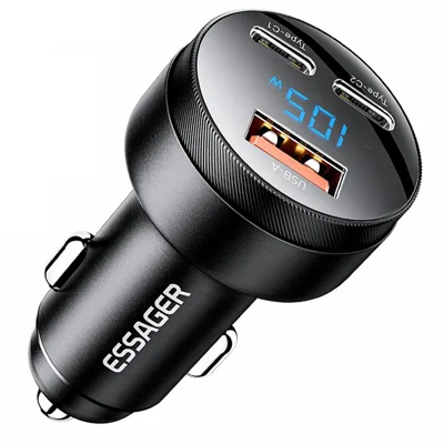 ESSAGER Aluminiumlegering 105W Telefonladdare USB+Dubbel Type-C Bil-laddare - Svart