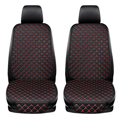 2 Sets Rhombus Embroidered Leather Car Front Seat Cushion + Backrest Pad Set - Black / Red